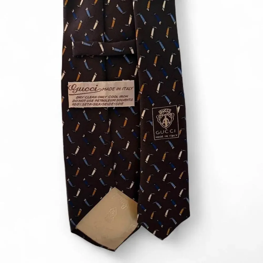 Vintage 80s Gucci 100% Silk Tie Brown Boot Print Italy Rare Old Money Office